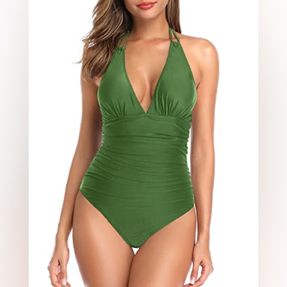 Halter Women Swimwear Sexy V Neck Tummy Control One Piece Bathing Suit-Avocado